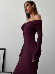 Aloruh 浪漫露肩网眼扭褶修身长袖女式连衣裙 - 紫羅蘭色 - 查看 7