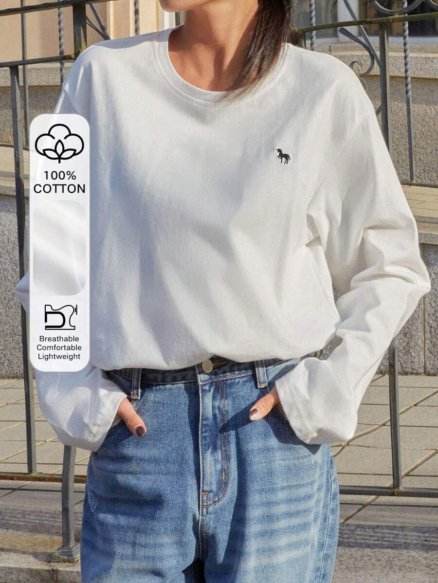 DAZY Horse Print Drop Shoulder Tee,Fall Clothes Long Sleeve Women Tops - White - View 1