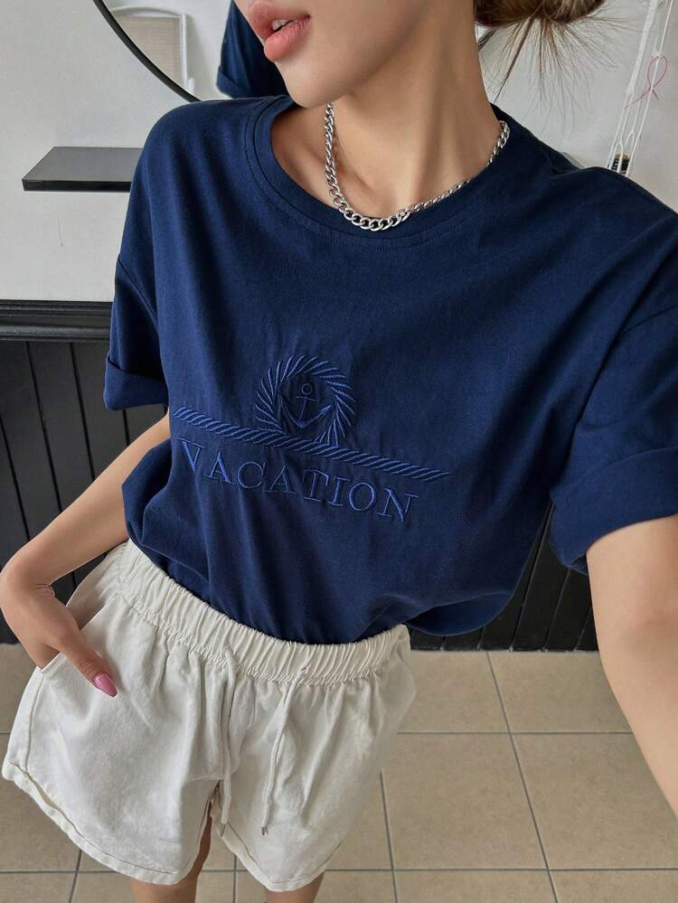 Letter Embroidery Drop Shoulder Tee