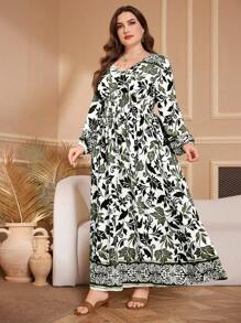 Lacomfia Große Größen Kleid mit V-Ausschnitt, gefalteter Taille, Langarm, Lässig Blume Muster, Regular Fit für Frühling und Herbst