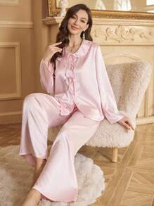 Bow Decor Color Block Cardigan Sleepwear Set For Women - Pink - View 5