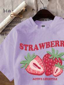 SHEIN EZwear 休闲修身草莓图案圆领短袖女式T恤，适合夏季