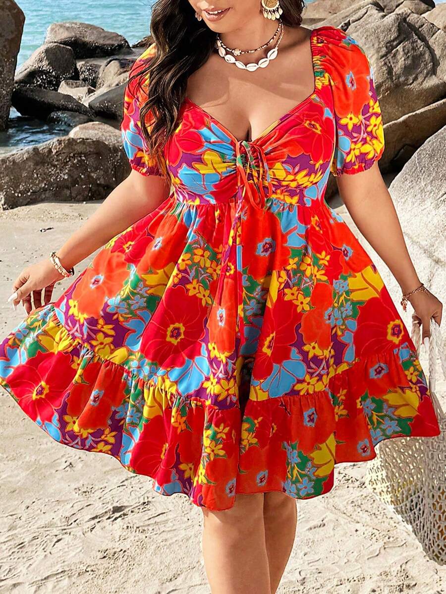 Flirla Plus Size Women Square Neck Heart Collar Krótki rękaw Nadruk Klatka piersiowa Wiązanie Kokarda Elegancka Retro Wakacyjna Sukienka Midi