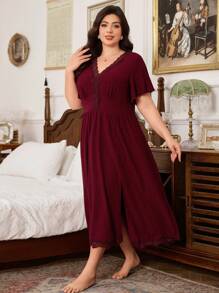 Trezura 大码女式蕾丝 V 领休闲提花束腰喇叭袖睡袍 - 酒紅色 - 查看 6