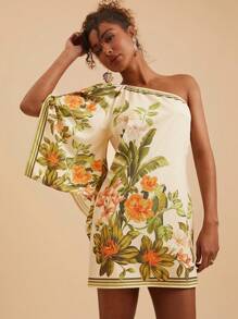 Travachic Vestido Curto Assimétrico de Mulher com Estampa Tropical