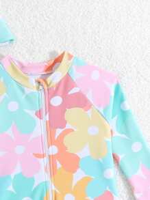 Baby Girl Printed Ruffled One-Piece Swimsuit With Hat (Random Print) - Multicolor - View 5