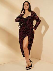 SHEIN BAE Vestido plisado de encaje de manga larga ligeramente transparente y longitud media para mujer de talla grande, adecuado para otoño e invierno, atuendo para fiestas navideñas, atuendos de cumpleaños para mujer, vestidos para vacaciones, vestido ajustado, vestido formal, salida nocturna, vestido de novia, negro, vestido de noche, vestidos de graduación, vestido negro elegante, vestido largo, vestidos de curvas