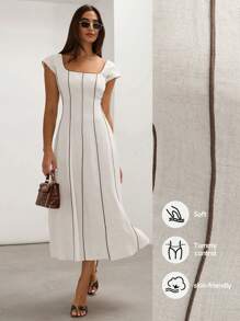 COSMINA Cream-Color Linen Blend Color Block Fitted Sleeveless A-Line Old Money Style Elegant Dress For Women, Spring/FAll,Sun Dress,Summer Dresses For Women