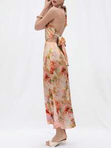 Aveloria 水彩花卉印花缎面浪漫优雅露背吊带镂空腰部设计女式连衣裙波西米亚风度假时尚风格全身印花夏季