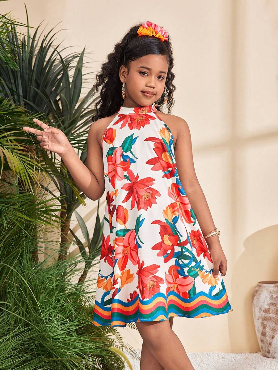SHEIN Vestido informal hasta la rodilla de línea A, de tejido, sin mangas, con cuello de pie, hombros abiertos, estampado floral tropical colorido, para niña preadolescente, conjunto familiar a juego