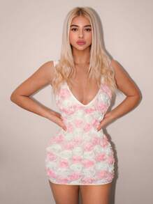 Sweetina 深 V 领浪漫花卉紧身迷你连衣裙 - 粉色 - 查看 3