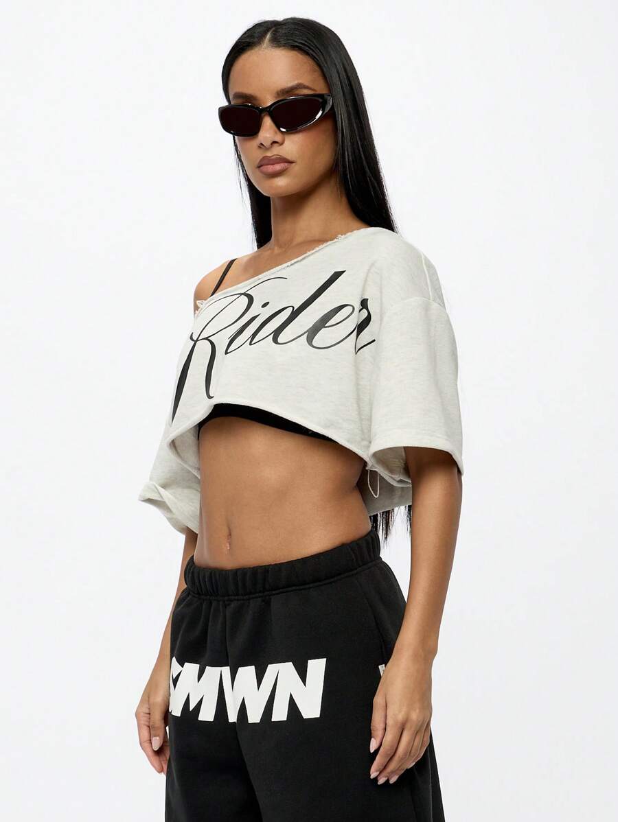 SUMWON WOMEN Off Shoulder Rider Crop Tee Urban Street Style Fashion Asymmetric Graphic Text Top Summer Festival Casual Wear - Light Grey - View 1
