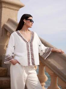 Maija Plus Size Women Summer Long Sleeves V-Neck Bohemian Prints Country Concert Tops - White - View 1