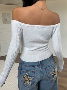 SHEIN EZwear Jersey corto con hombros al descubierto y nudo delantero de unicolor - Blanco - Ver 2