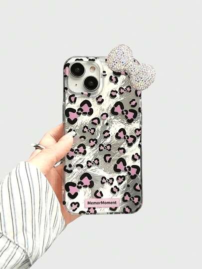 Kawaii Sweet& Spicy Leopard Print Bow Rhinestone Silicone Protective Phone Case Compatible With Iphone 12 13 14 Series