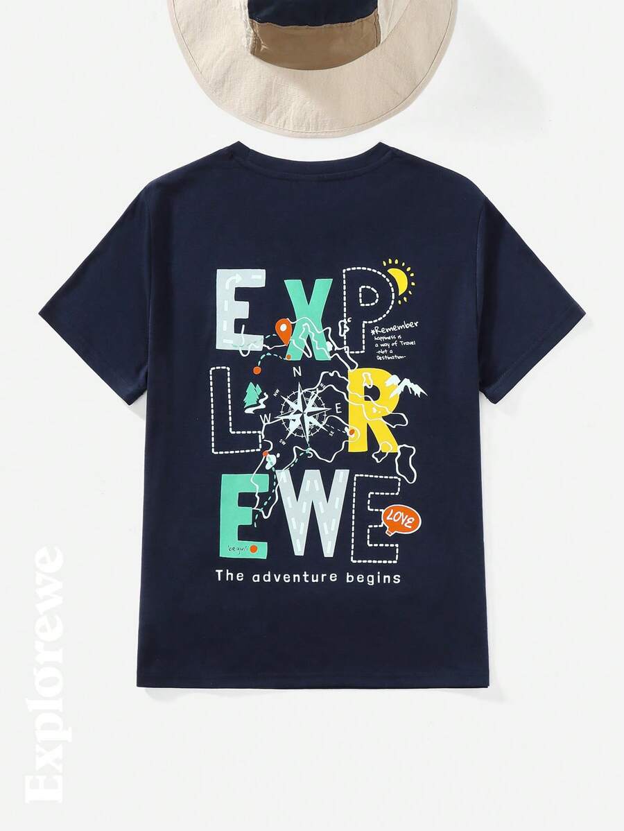 Tween Boy 户外运动时尚字母印花靛蓝圆领短袖 T 恤，夏季