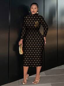 Slaydiva Casual Minimalist Plus Size Bear Pattern Long Sleeve Bodycon Dress, Suitable For Spring & Autumn And Winter Chic Dress, Spring Break - Multicolor - View 4