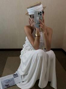 DAZY 女士度假风无袖露脐上衣和纯色半身裙两件套，荷叶边家居服套装 - 白色 - 查看 3