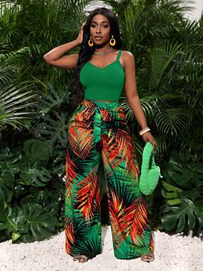 Slaydiva 2pcs Casual Holiday Elastic Camisole Top And Loose Printed Wide Leg Pants Set - Women