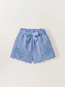SHEIN 少女格纹蓝白雏菊刺绣短裤 - 彩色 - 查看 5