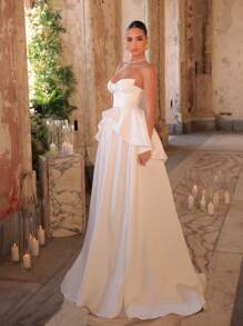 Glamrae Elegant And Gorgeous White Luxurious Satin Lotus Leaf Decoration V-Tie Chest Cup High Waist Slimming Super Large Skirt Suitable For Wedding Festival Bride Formal Occasion Wedding Dress - White - View 4