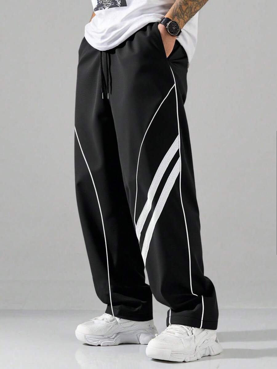 Manfinity Campus Court Streetwear Sport Straight-Leg Casual Racing Pants With Tape Design, Street Hip Hop Pants For Men Stylish Loose Straight Casual Pants, For Friends, Husband, Boyfriend Gifts - Black - View 1
