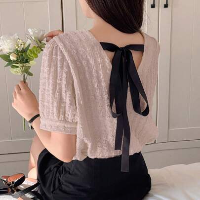 텍스쳐 원단 나비 매듭 민소매 블라우스 탑, 여성용 여름 스타일