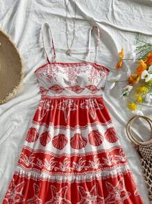 Soleia Vestido largo de línea A con estampado de elementos oceánicos en rojo y albaricoque para mujer, vestido casual de verano sin mangas con estampado de estrellas de mar, conchas y algas para la playa