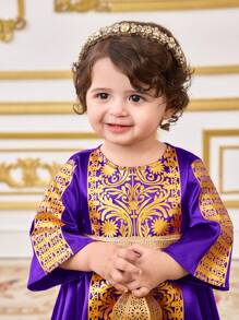 SHEIN Toddler Girls' Elegant Summer Color-Block Gold Pattern Dress - Purple - View 4