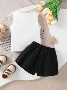 Conjunto de top sin mangas y pantalones negros abombados para niña bebé, decorado con lazos negros tridimensionales dulces y frescos, ideal para jugar a diario - Multicolor - Ver 2