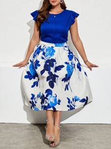 Ellevyn Conjunto de talla grande de dos piezas elegante para ocasiones festivas: blusa de cuello redondo con puños con volantes de color liso y falda larga y de cintura alta con estampado de rosas - Azul - Ver 2