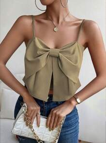 Chiquease Sexy Elegant Date Bow Decor Front Solid Color Cropped Camisole, Summer - Khaki - View 3