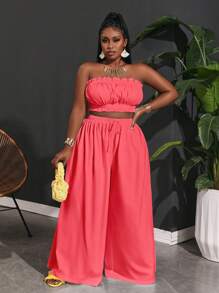 Slaydiva Damen Große Größen Oberteil mit Rüschenkanten und Paperbag Taille Weite Hose