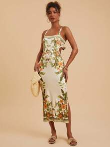 Travachic Women's Floral Print Backless Sleeveless Dress, Vacation Style,Summer Outfits For Women,  Suitable For Holiday , Afternoon Tea, Wedding Season, Beach Cruise Vacation, City Road Trip Vacation, Boho Vacation, Music Festival , Beachwear, Easter, Beach Outfits For Woman, Elegant Dress For Women, Vacation Outfits Women, Concert Outfit Women, Tropical Vacation Woman Clothes, Holiday Outfits, Bohemian Clothes,For Spring Sunmmer And Autumn - Yellow - View 6