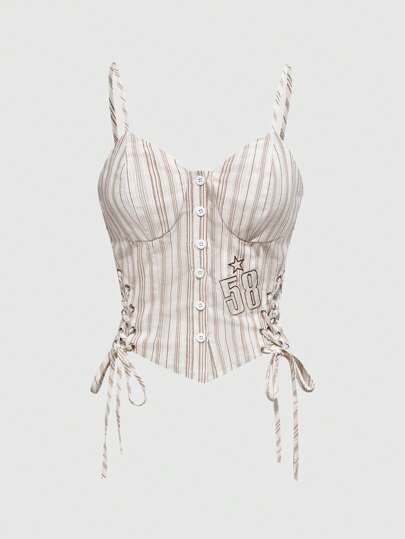 ROMWE Avant Women's Ballet Striped Front Button Criss-Cross Straps Corset Camisole Top