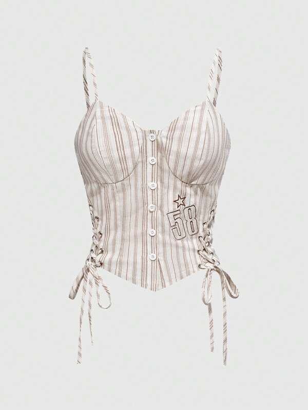 ROMWE Avant Parte superior de corsé/camiseta de mujer con botones frontales a rayas y tirantes cruzados