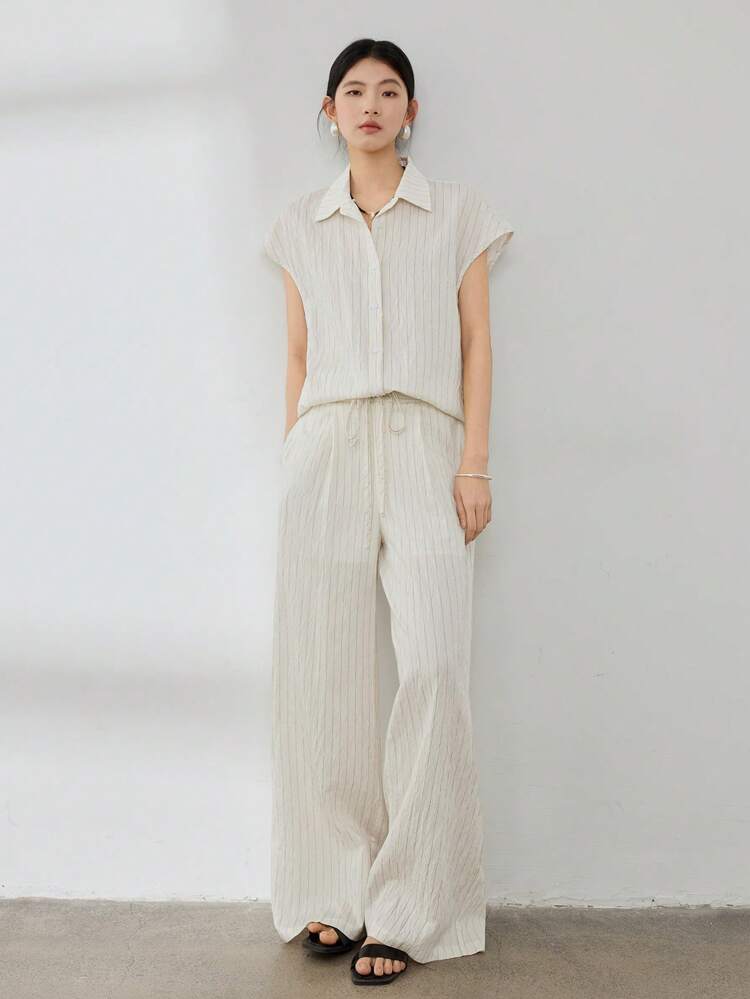 2 Pcs Set Women Casual Loose Striped Business Style Suit Old Money Style Linen