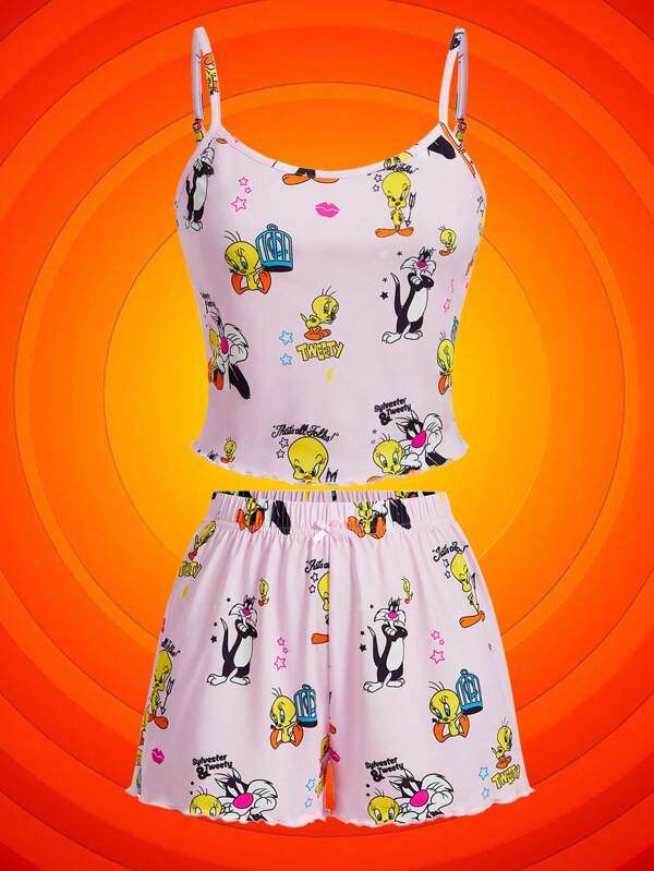 LOONEY TUNES X SHEIN Damen rosa süßer Tweety & Sylvester Cartoon Muster Träger Top und Shorts Pyjama Set, Sommer Sets für Damen, Damen Pyjamas Familie, Damen Nachtwäsche Zweiteiler Sommer Outfit