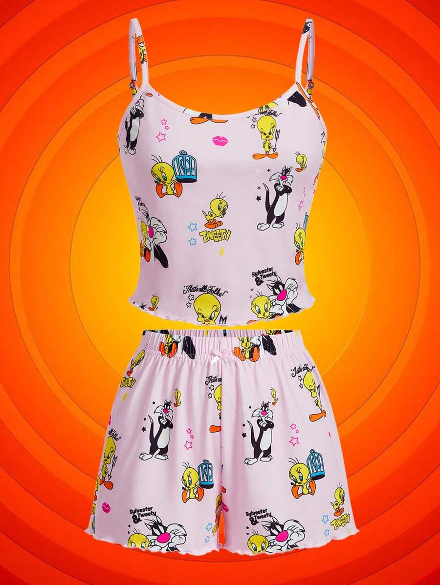 LOONEY TUNES X SHEIN Women Pink Cute Tweety & Sylvester Cartoon Print Cami Top And Shorts Pajama Sets, Summer Sets For Women Women Pajamas Family Women Sleepwear Two Pieces Summer Outfits - Pink - View 1