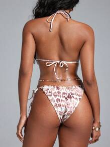 Swim EVENT Spring Break Sexy Bikini Set For Women, New Autumn/Winter Design, Top With Halter Cross-Tied, Bottom With Side-Tie Triangle Bottoms And Ruffle Trim, Random Leopard Print Pattern, European And American Fashion Vibe, Suitable For Music Festivals, Pool Parties, Beach Vacations For Summer