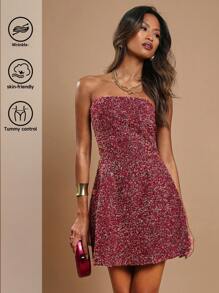 COSMINA Wine Red Circle Tulle & Tweed Bandeau Mini A-Line Dress - Red - View 7