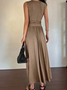 DAZY Đầm dài nữ cổ chữ V không tay, thắt eo, kiểu dáng thanh lịch mùa hè, trang phục công sở nữ, đầm maxi dự tiệc. - màu nâu - Xem 2