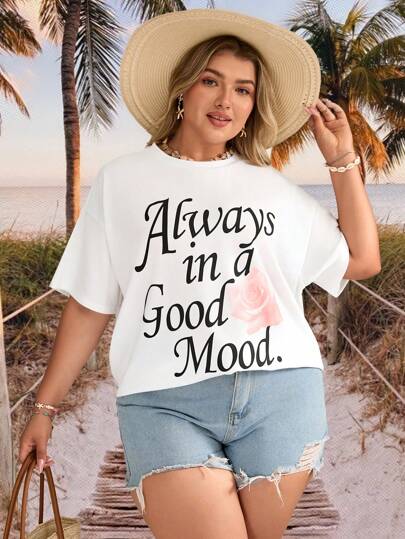 SHEIN VCAY 大码休闲海岛度假浪漫白色圆领花卉和字母印花大码短袖 T 恤南海滩服装