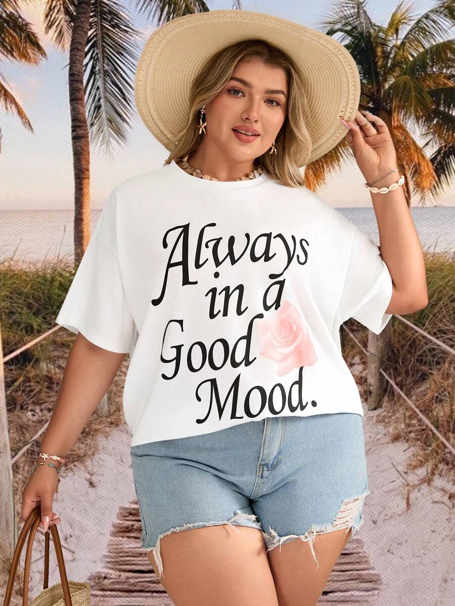 SHEIN VCAY Maglietta casual a maniche corte con scollo tondo, stampa floreale e scritta, adatta per vacanze in spiaggia, taglie comode - Bianco - Visualizzare 1