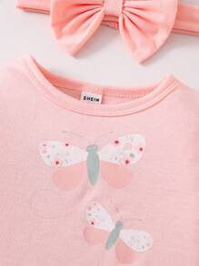 Baby Girls Pink Ruffled Cuff & Hem, Butterfly Pattern Long Sleeve Jumpsuit And Headband Set, Loungewear - Dusty Pink - View 5