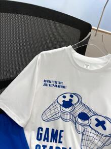 SHEIN 2pcs/Set Teen Boys Casual Gamer Graphic Print T-Shirt And Shorts Set, Summer, Cotton - White - View 3