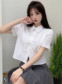 DAZY Của phụ nữ Màu thuần Bong bóng Tay áo Cà vạt Áo sơ mi - trắng - Xem 6
