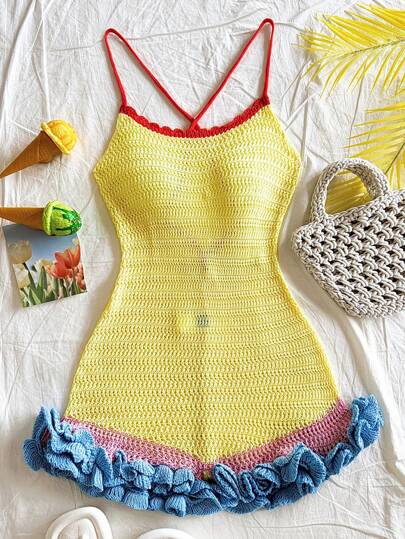 Soleia Macacão de Tricô Feminino com Recorte Bicolor, Babados e Costas Abertas, Roupas de Praia para Férias, Primavera e Verão, Traje para Festival de Música West, Boêmio e Férias