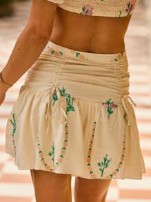 Aralina Boho Festival Floral Embroidered Ruched Off Shoulder Two Pieces Summer Set - White - View 4