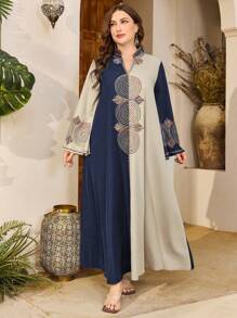 Al Najma 女士优雅绿色和米色拼色刺绣长裙，传统土耳其/阿拉伯长袍 - 彩色 - 查看 4